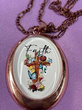 Faith Cross Pendant Necklace - Rose Gold with Blue Accents new handmade